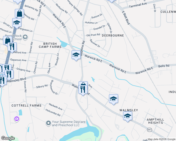 map of restaurants, bars, coffee shops, grocery stores, and more near 3428 Broadwick Road in Richmond