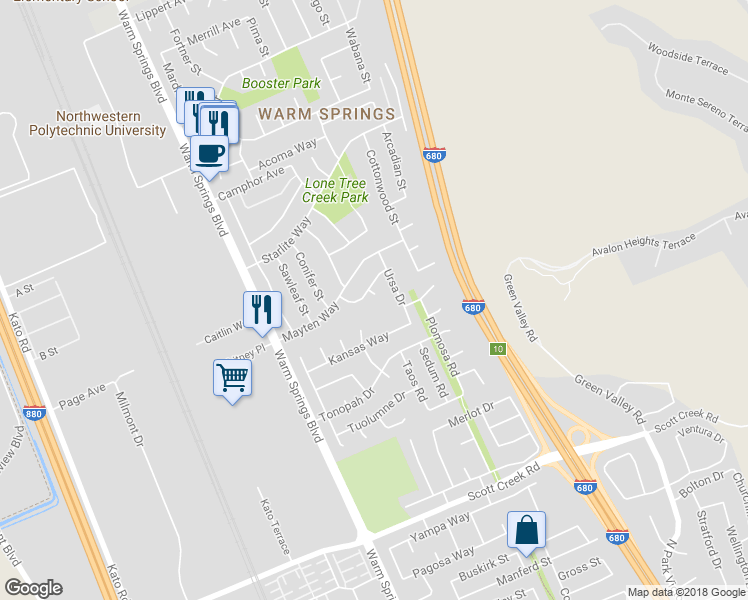 map of restaurants, bars, coffee shops, grocery stores, and more near 48433 Craycroft Court in Fremont