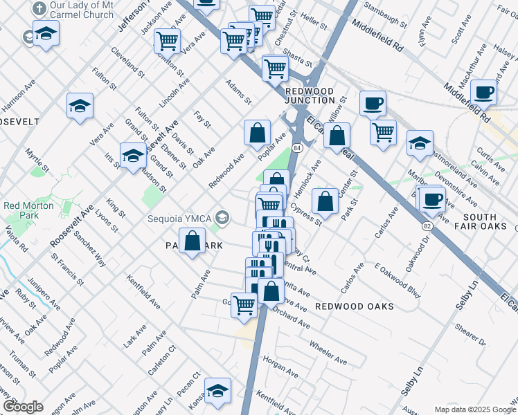 map of restaurants, bars, coffee shops, grocery stores, and more near 1526 Hess Road in Redwood City