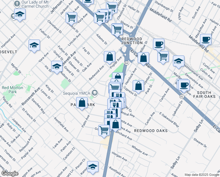 map of restaurants, bars, coffee shops, grocery stores, and more near 518 Lucerne Avenue in Redwood City