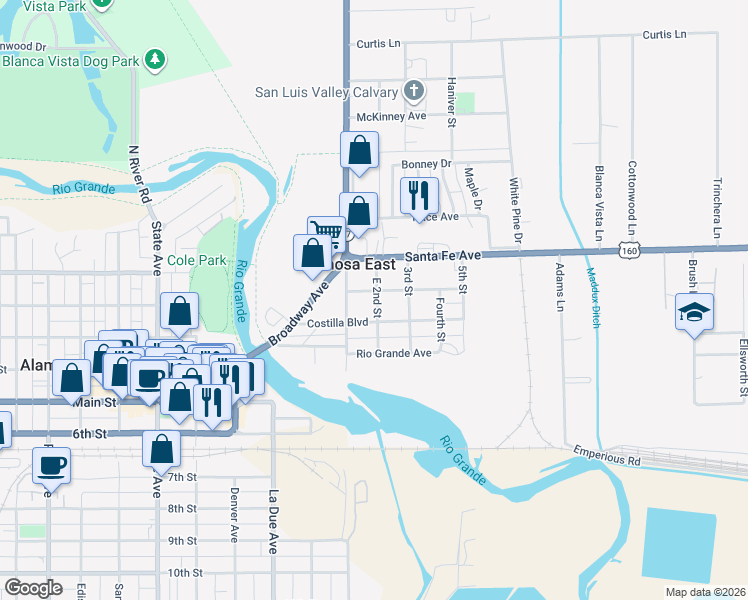 map of restaurants, bars, coffee shops, grocery stores, and more near 201-299 2nd Street in Alamosa