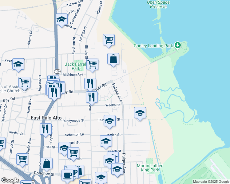map of restaurants, bars, coffee shops, grocery stores, and more near 520 Aspen Place in East Palo Alto