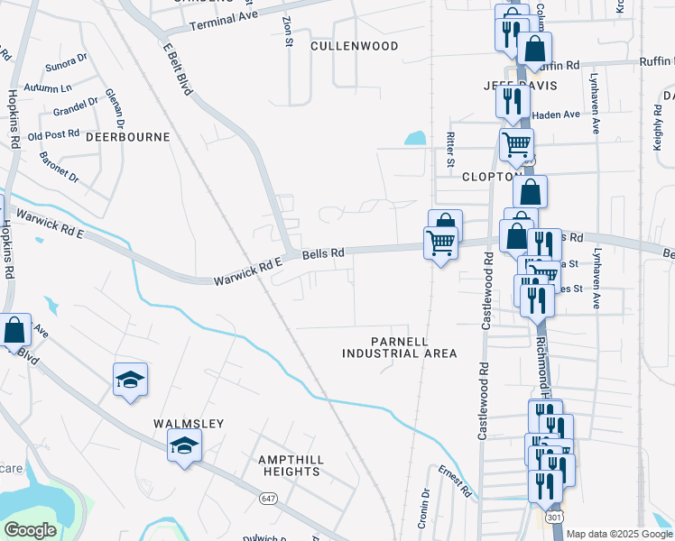 map of restaurants, bars, coffee shops, grocery stores, and more near 3920 Industry Avenue in Richmond