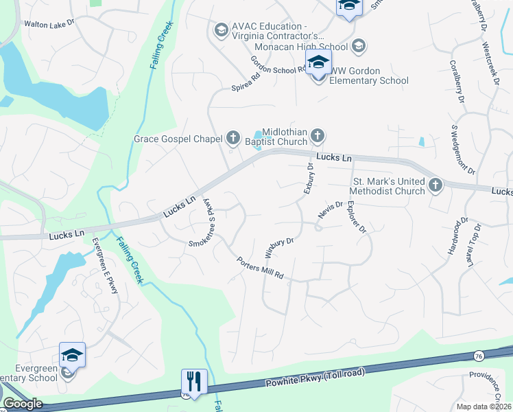 map of restaurants, bars, coffee shops, grocery stores, and more near 1405 Lockett Ridge Road in Midlothian