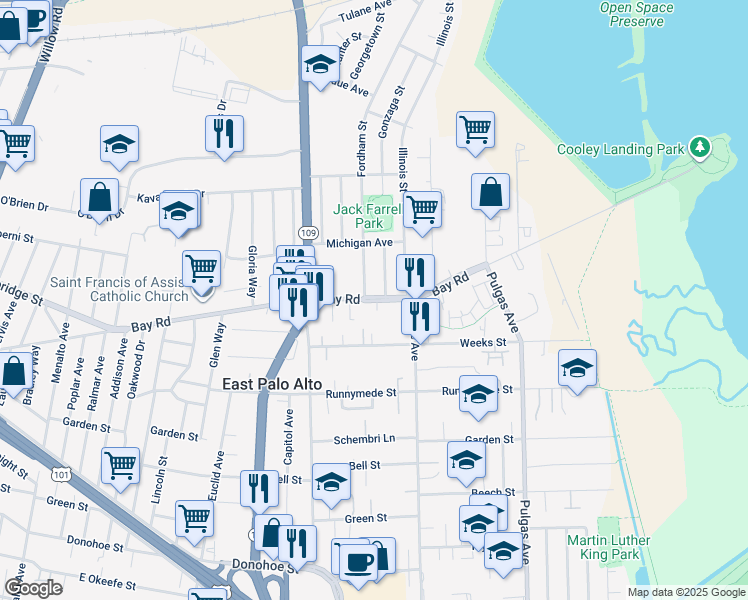 map of restaurants, bars, coffee shops, grocery stores, and more near 1796 Bay Road in East Palo Alto