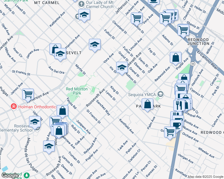 map of restaurants, bars, coffee shops, grocery stores, and more near 1134 King Street in Redwood City