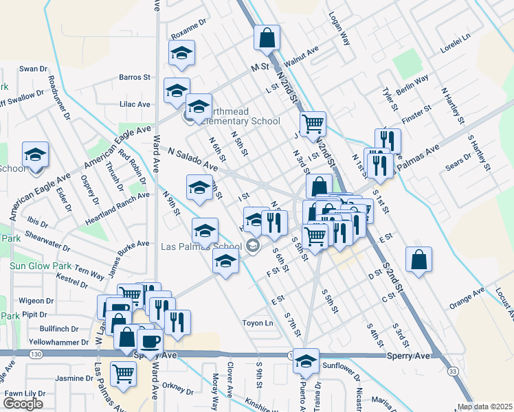 map of restaurants, bars, coffee shops, grocery stores, and more near 525 H Street in Patterson