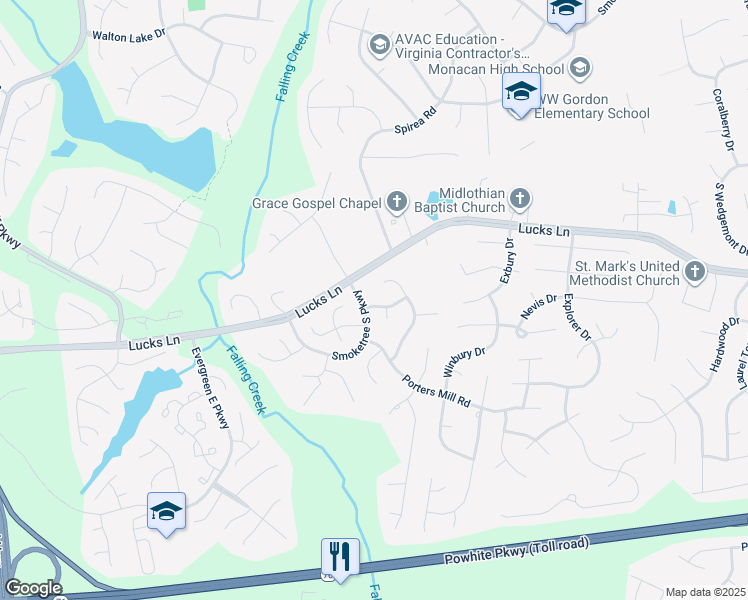 map of restaurants, bars, coffee shops, grocery stores, and more near 12030 Lockett Ridge Avenue in Midlothian