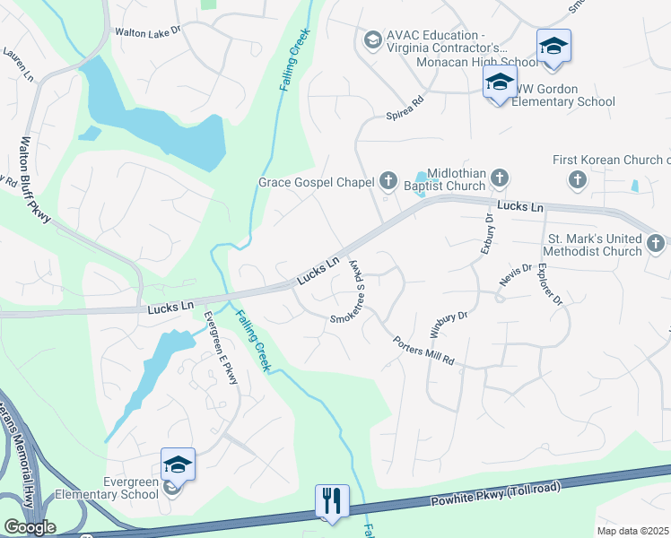 map of restaurants, bars, coffee shops, grocery stores, and more near 1304 Manders Knoll Court in Midlothian