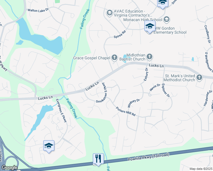 map of restaurants, bars, coffee shops, grocery stores, and more near 12036 Lockett Ridge Avenue in Midlothian