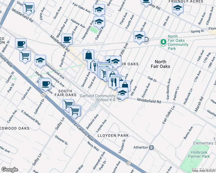 map of restaurants, bars, coffee shops, grocery stores, and more near in North Fair Oaks