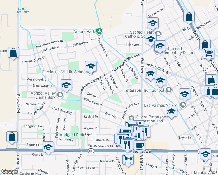 map of restaurants, bars, coffee shops, grocery stores, and more near 421 Peregrine Drive in Patterson