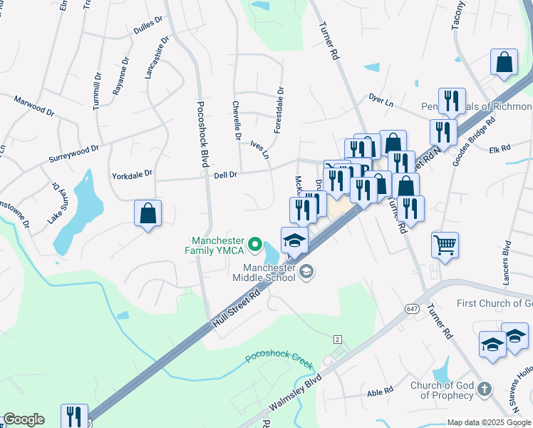 map of restaurants, bars, coffee shops, grocery stores, and more near 2257 Ives Lane in Richmond