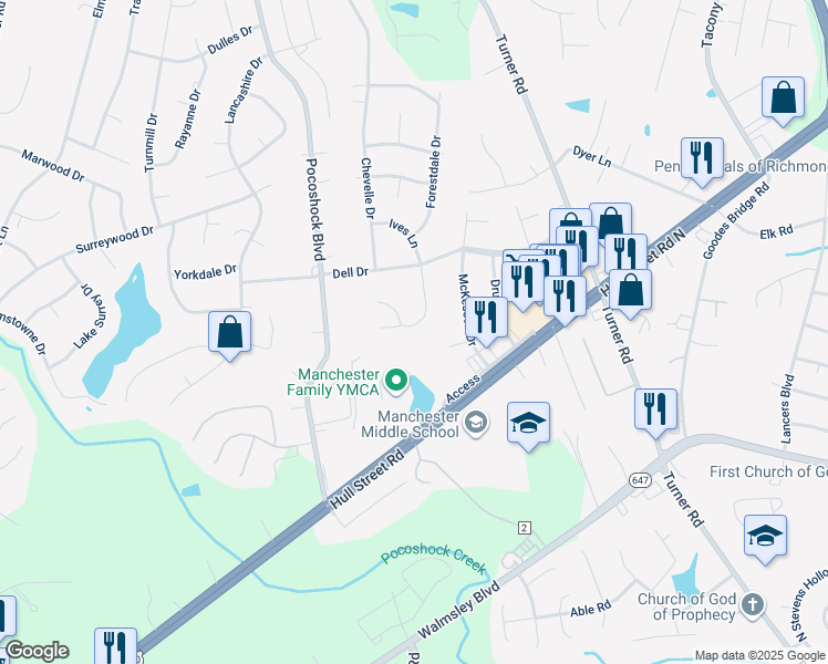 map of restaurants, bars, coffee shops, grocery stores, and more near 2257 Ives Lane in Richmond