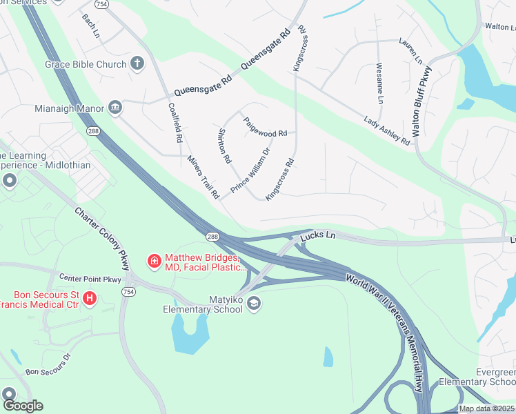 map of restaurants, bars, coffee shops, grocery stores, and more near 1719 Kingscross Road in Midlothian