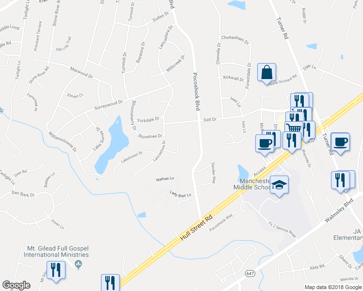 map of restaurants, bars, coffee shops, grocery stores, and more near 2207 Oak Water Court in Richmond