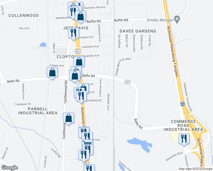 map of restaurants, bars, coffee shops, grocery stores, and more near 3813 Meridian Avenue in Richmond