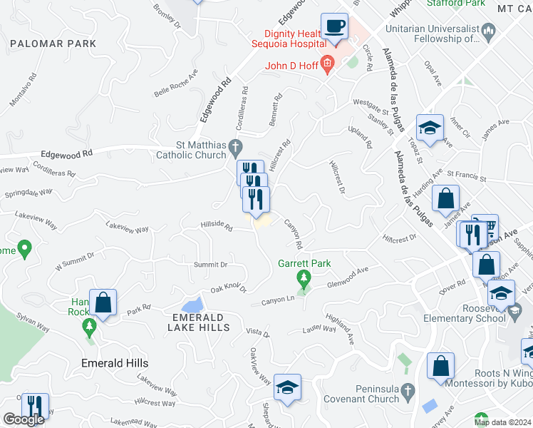 map of restaurants, bars, coffee shops, grocery stores, and more near 628 Canyon Road in Redwood City