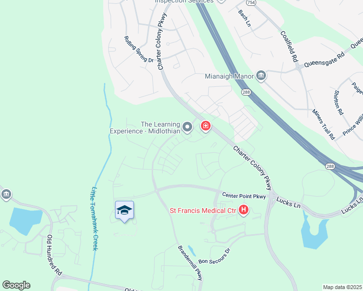 map of restaurants, bars, coffee shops, grocery stores, and more near 1025 Arborway Lane in Midlothian