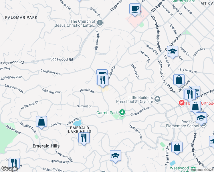 map of restaurants, bars, coffee shops, grocery stores, and more near 616 Canyon Road in Redwood City