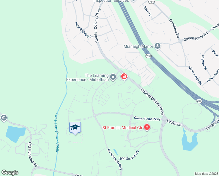 map of restaurants, bars, coffee shops, grocery stores, and more near 1025 Arborway Lane in Midlothian