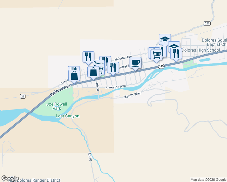map of restaurants, bars, coffee shops, grocery stores, and more near 30250 County Road U in Dolores