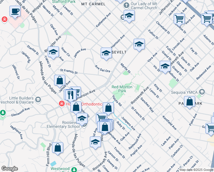 map of restaurants, bars, coffee shops, grocery stores, and more near 2529 Jefferson Avenue in Redwood City