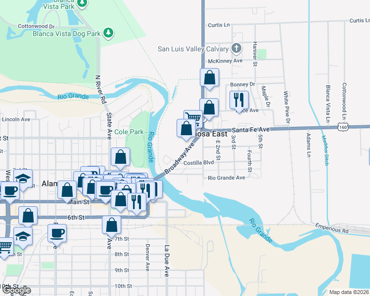map of restaurants, bars, coffee shops, grocery stores, and more near 237 Broadway Avenue in Alamosa