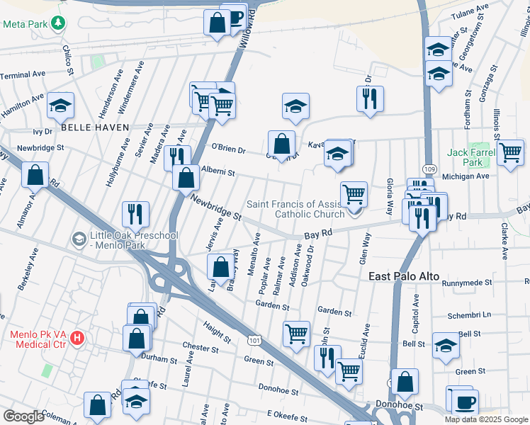 map of restaurants, bars, coffee shops, grocery stores, and more near 2336 Menalto Avenue in East Palo Alto