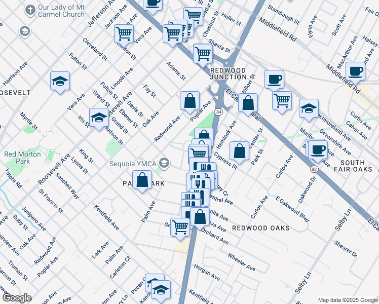map of restaurants, bars, coffee shops, grocery stores, and more near 518 Lucerne Avenue in Redwood City