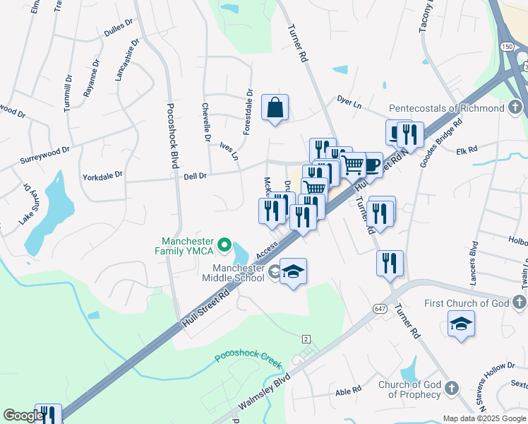map of restaurants, bars, coffee shops, grocery stores, and more near 2324 McKesson Drive in Richmond