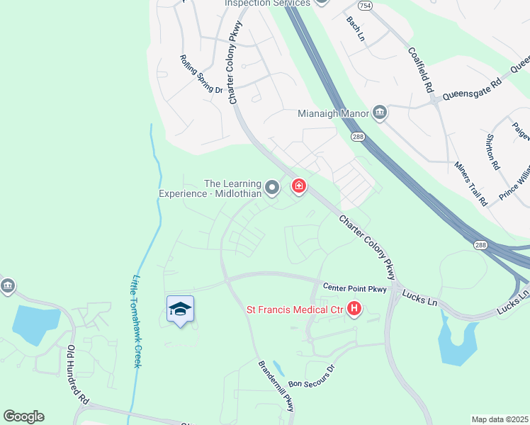 map of restaurants, bars, coffee shops, grocery stores, and more near 1250 Charter Colony Parkway in Midlothian