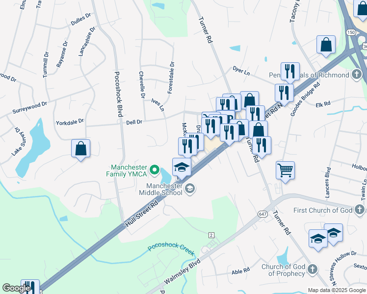 map of restaurants, bars, coffee shops, grocery stores, and more near 2324 McKesson Drive in Richmond