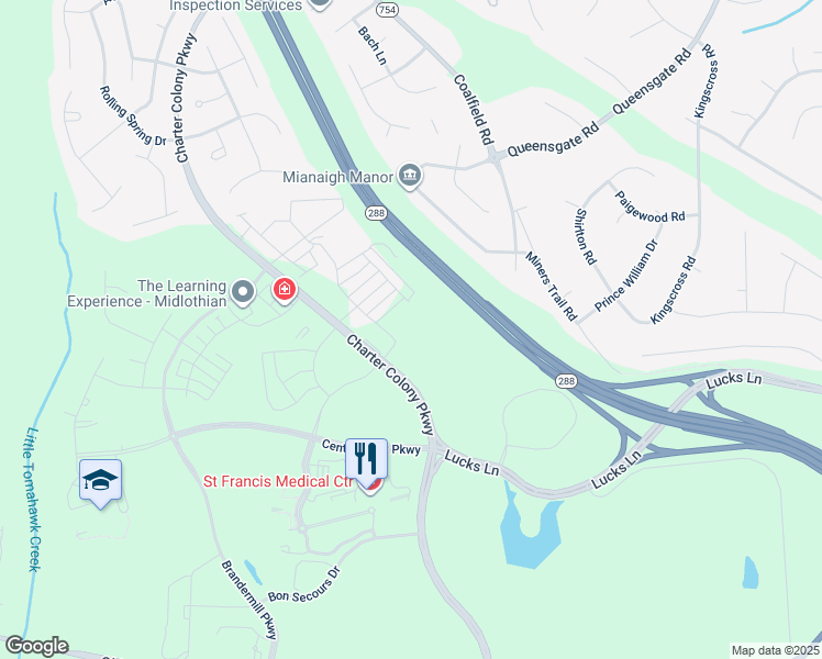 map of restaurants, bars, coffee shops, grocery stores, and more near 1351 Charter Colony Parkway in Midlothian