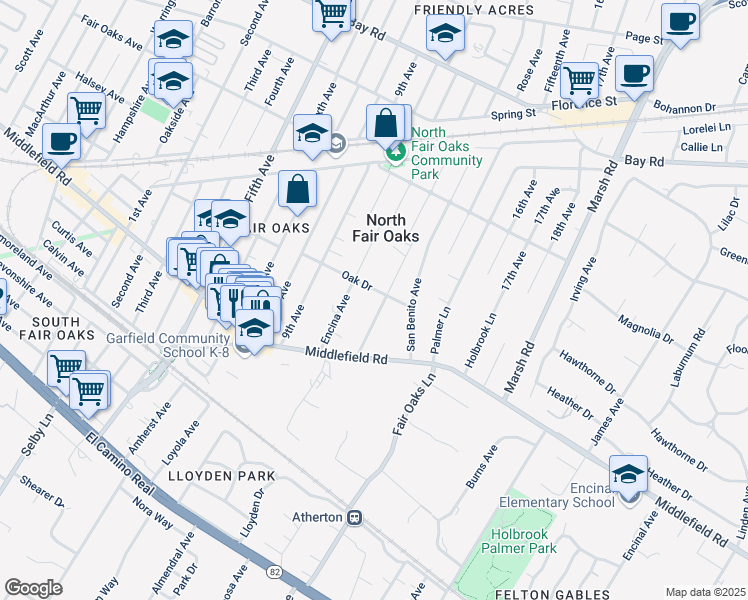map of restaurants, bars, coffee shops, grocery stores, and more near 79 Placitas Avenue in Atherton