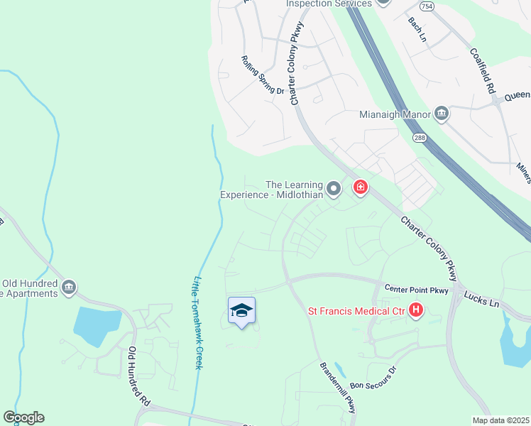 map of restaurants, bars, coffee shops, grocery stores, and more near Water Beech Road in Midlothian