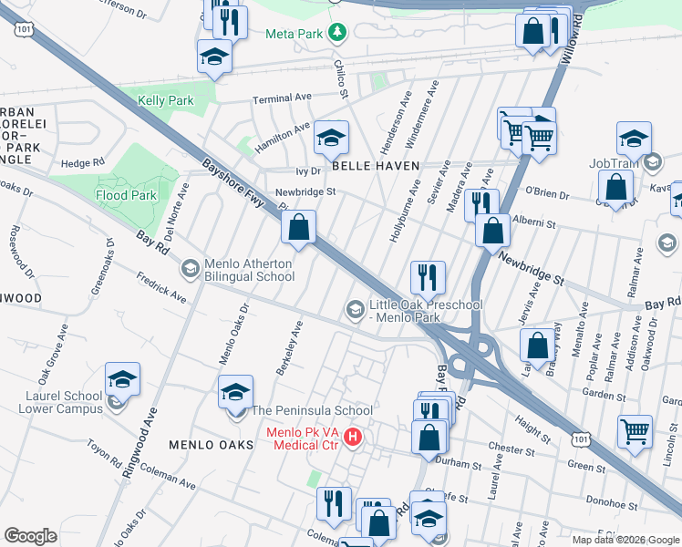 map of restaurants, bars, coffee shops, grocery stores, and more near 1030 Henderson Avenue in Menlo Park