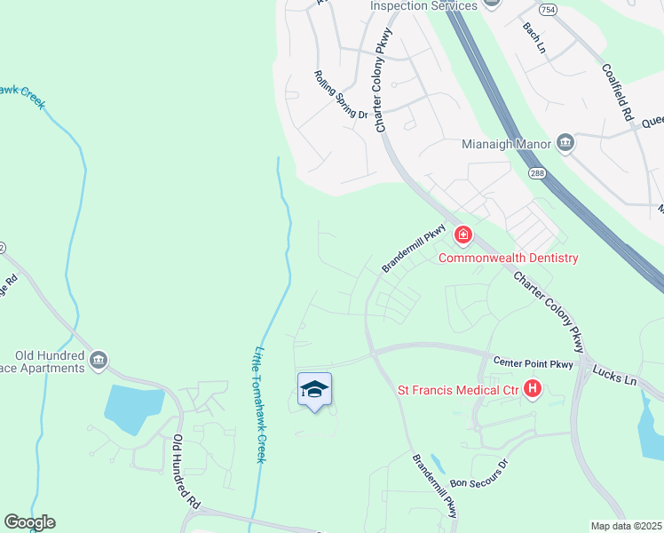 map of restaurants, bars, coffee shops, grocery stores, and more near Water Beech Road in Midlothian