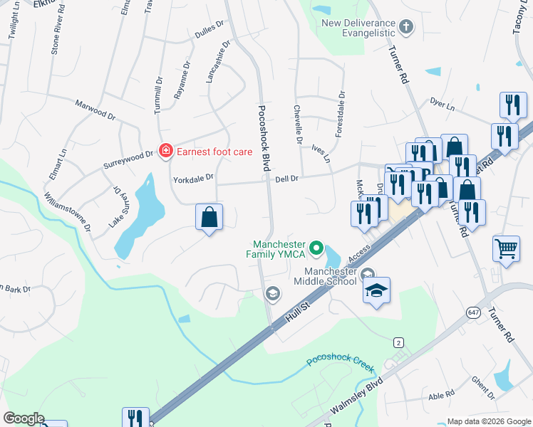 map of restaurants, bars, coffee shops, grocery stores, and more near 2316 Pocoshock Boulevard in Richmond