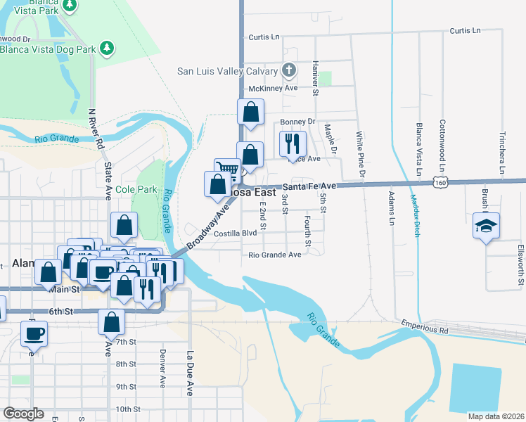 map of restaurants, bars, coffee shops, grocery stores, and more near 201 2nd Street in Alamosa