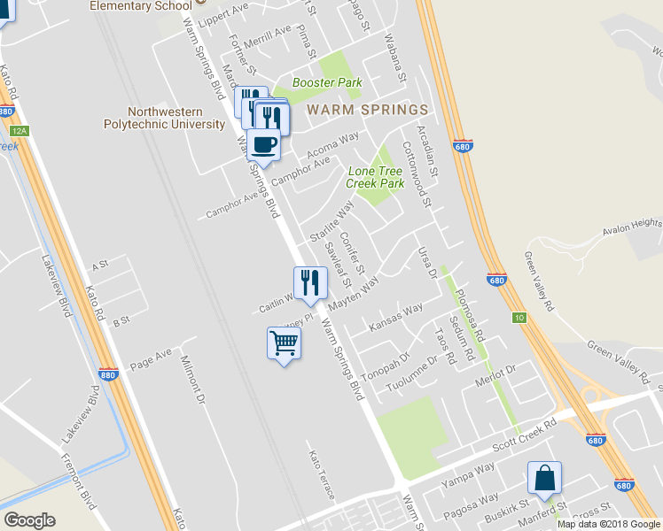 map of restaurants, bars, coffee shops, grocery stores, and more near 48287 Sawleaf Street in Fremont