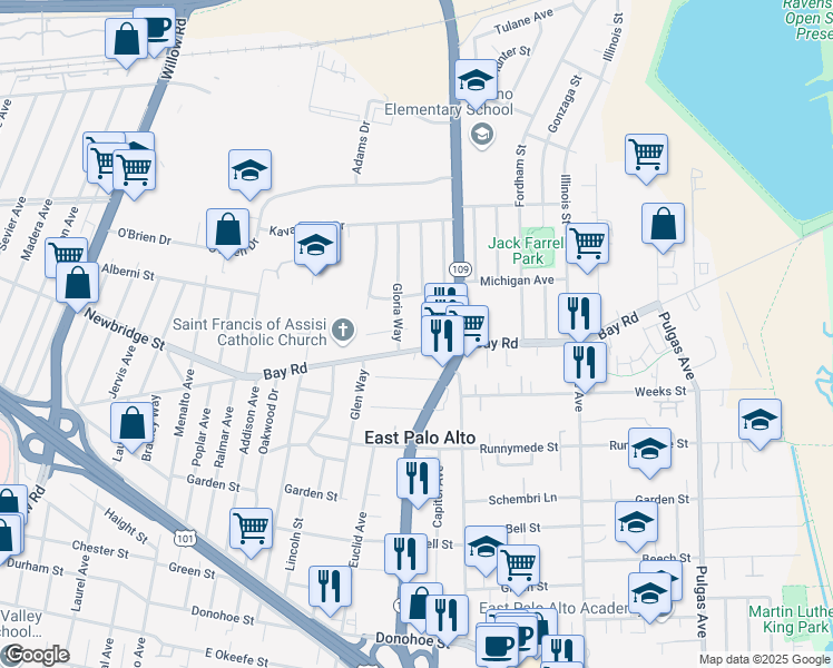 map of restaurants, bars, coffee shops, grocery stores, and more near 1590 Bay Road in East Palo Alto