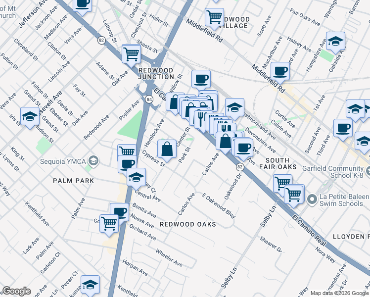 map of restaurants, bars, coffee shops, grocery stores, and more near 204 Park Street in Redwood City