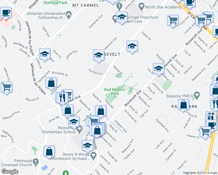 map of restaurants, bars, coffee shops, grocery stores, and more near 1455 Madison Avenue in Redwood City