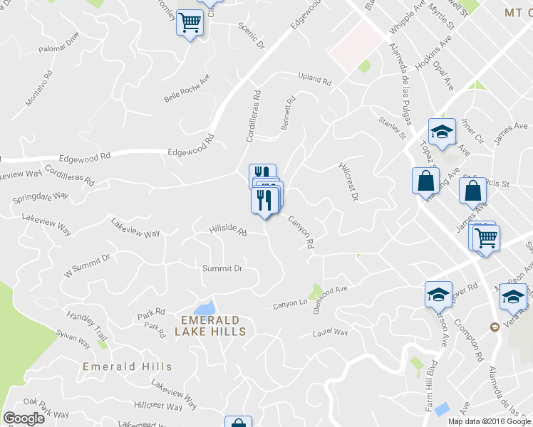 map of restaurants, bars, coffee shops, grocery stores, and more near 3205 Oak Knoll Dr in Redwood City