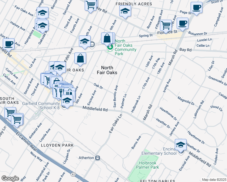 map of restaurants, bars, coffee shops, grocery stores, and more near 501 San Benito Avenue in Menlo Park