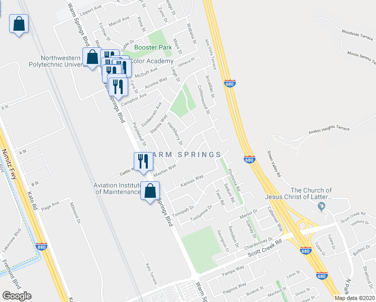 map of restaurants, bars, coffee shops, grocery stores, and more near 388 Mayten Way in Fremont