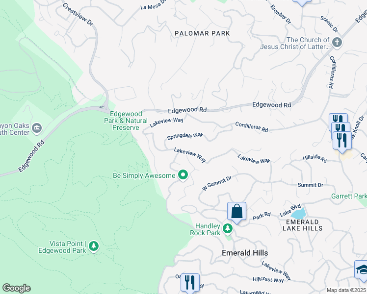 map of restaurants, bars, coffee shops, grocery stores, and more near 203 Sylvan Way in Emerald Hills