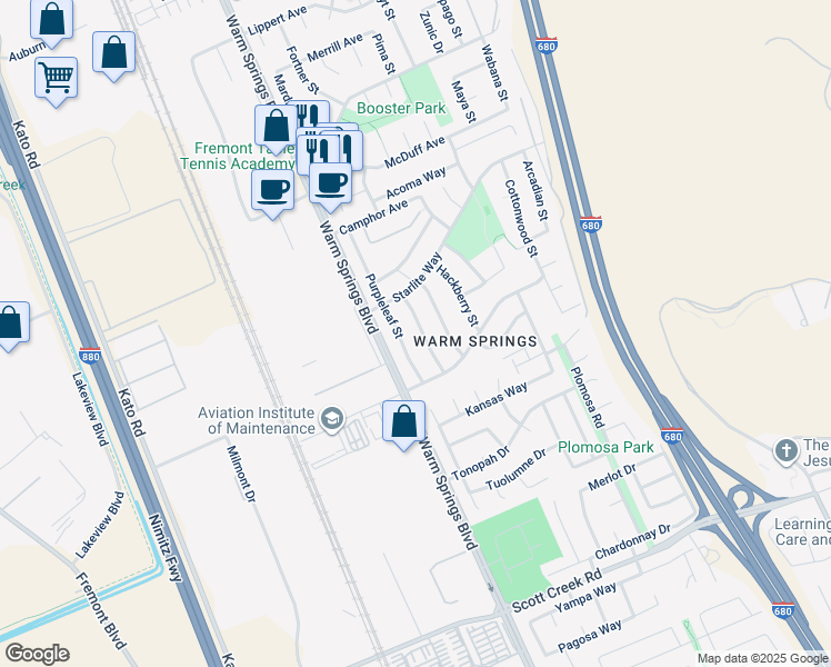 map of restaurants, bars, coffee shops, grocery stores, and more near 48287 Sawleaf Street in Fremont