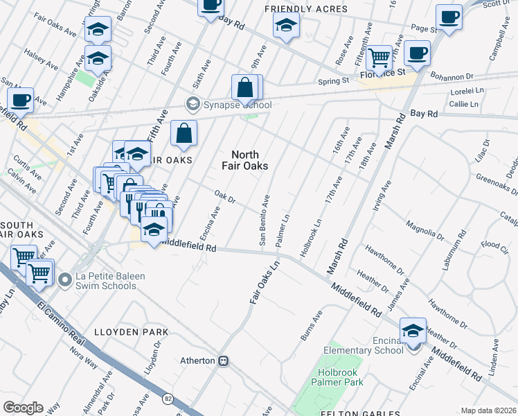 map of restaurants, bars, coffee shops, grocery stores, and more near 501 San Benito Avenue in Menlo Park